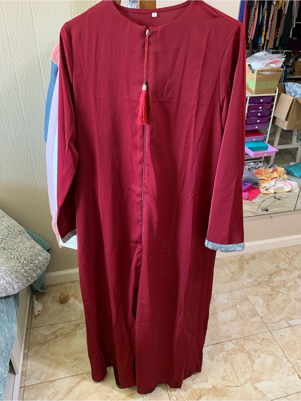 Maroon traditional kaftan Tassel Front Long Robe